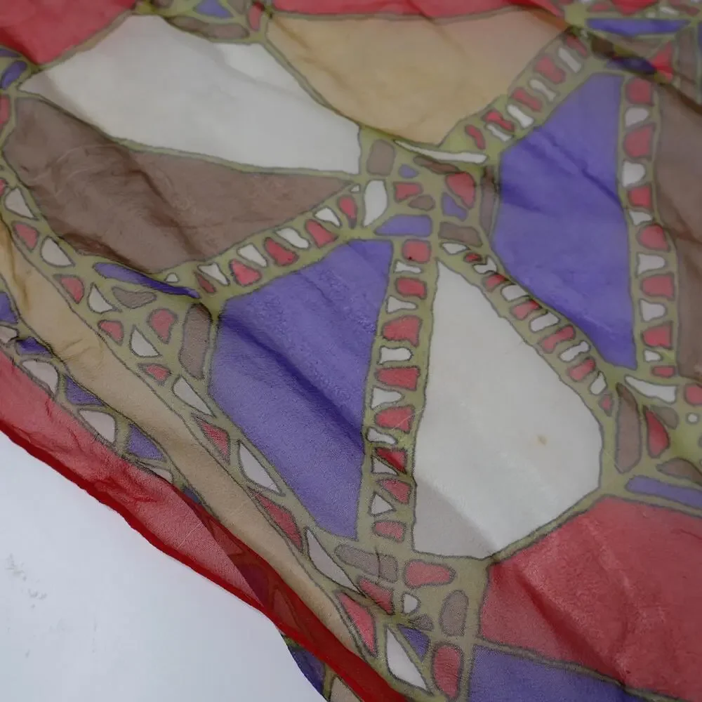 Vintage Chiffon Silk Red Purple Boho Retro‎ Rectangle Sheer Scarf Whimsical VTG
